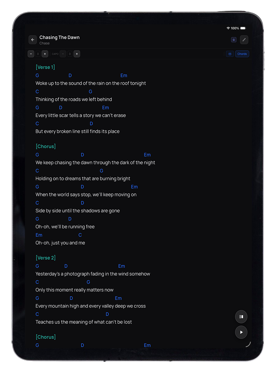 StageAtlas Pro songbook app running on a tablet showing chord charts and setlist in dark mode