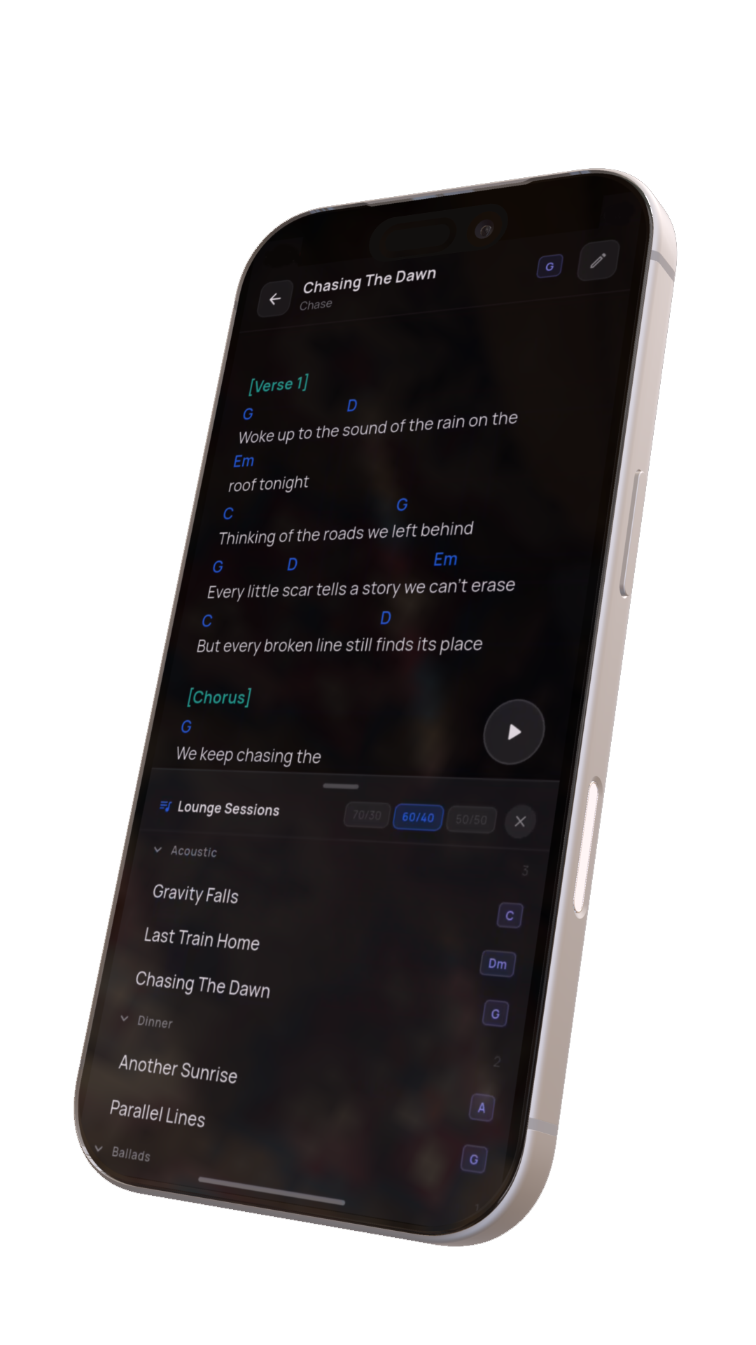 StageAtlas Pro split setlist view showing live lyrics and chord transposition on iPhone in dark mode